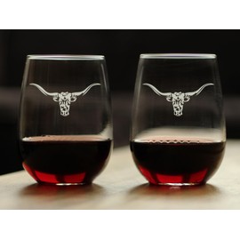Longhorn - Stemless Wine Glasses - Set of 2 - Western Themed Farm Decor and Gifts for Texan Ranchers - Large 17 Ounce