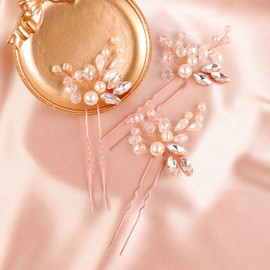 Deniferymakeup 3pcs Pearl Bride Wedding Hair Pins Rhinestone Hair Piece Crystal Headpiece Bridal Hair Accessories for Women and Girls (Rose Gold)