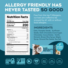 88 Acres Granola Bars | Dark Chocolate Sea Salt | Gluten Free, Nut-Free Oat and Seed Snack Bar | Vegan & Non GMO | 12 Pack