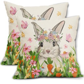 sorfbliss Easter Pillow Covers 18x18 Set of 2 Spring Cute Bunny Rabbit Carrot Watercolor Pink Floral Meadow Easter Themed Decorative Throw Pillow Cases Outdoor Farmhouse Decoration for Sofa Couch Bed
