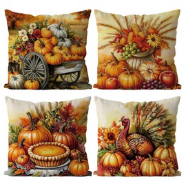 GAGEC Thanksgiving Pillow Covers 18x18 Inch Set of 4 Pumpkin Throw Pillowcase Thanksgiving Day Fall Autumn Home Decor Living Room Decorative Cushion Case