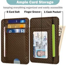HOTCOOL Slim Wallet for Men, Minimalist Front Pocket Simple Leather Credit Card Holder RFID Blocking for Men & Women, Thin Organizer Gifts, Carbon Fiber - Brown, A Fiber Brown, Small Wallet