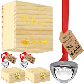 Ceenna 2 Sets The Polar Bell Santa Sleigh Bells Gifts Bulk Christmas Believe Bell Ornaments Christmas Tree Decorations Wooden Christmas Keepsake Boxes Holiday Movie Party Favors for Kids Adults