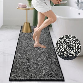 HDFK Bathroom Rugs Runner | Non Slip Washable Bath Mats 60x24 Inches 2 Tone Plush Chenille Medium Pile Floor Mat | Ultra Absorbent Black and White Shower Rug | Long Transition for Wet Dry Zone