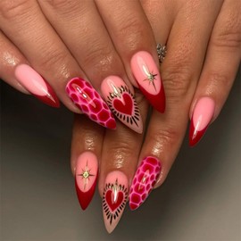 Medium Almond Press on Nails Fake Nails with Pink Red Heart Shape Design Full Cover False Nails for Women 24 Pcs (Pink-21, M-21)