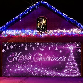 DARUNAXY Purple Christmas Garage Door Decorations, 16X7ft Creative Merry Christmas Garage Door Banner Backdrop Happy Christmas Holidays Mural Background for Xmas Eve Happy New Year