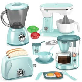 Shemira Play Accesorios de cocina, juego de aparatos de cocina, juego de juguetes con cafetera, licuadora, mezcladora, tostador, juego de cocina para 