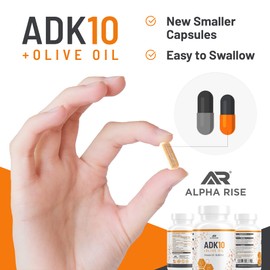 ALPHA RISE ADK 10 Vitamin Supplement + Olive Oil for Better Absorption - with Vitamins A + D3 (10,000 iu) + K2 (MK7+MK4) - 90 Capsules - Vegetarian - Non-GMO