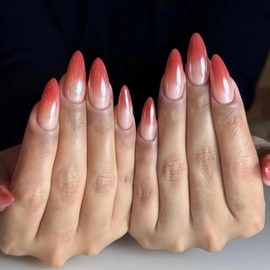 BABALAL Press on Nails Almond Fake Nails Medium Glue on Orange Ombre Chrome Acrylic False Nails Bling Shiny Handmade Supplies 24Pcs Full Cover Stick on Nails for Women Girls