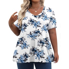 Tencede Womens Plus Size Tops Short Sleeve Tunic Shirts V Neck Summer Floral Loose Fit Blouse Blue Rose 3X
