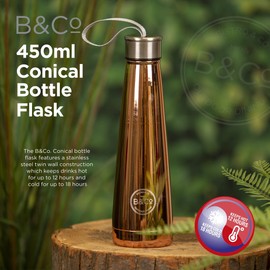 VFM - Rose Gold Conical Thermal Flask 450ml - Shiny Stainless Steel Travel Bottle with Twist Cap Lid for Hot & Cold Drinks - Outdoor Dining Collection