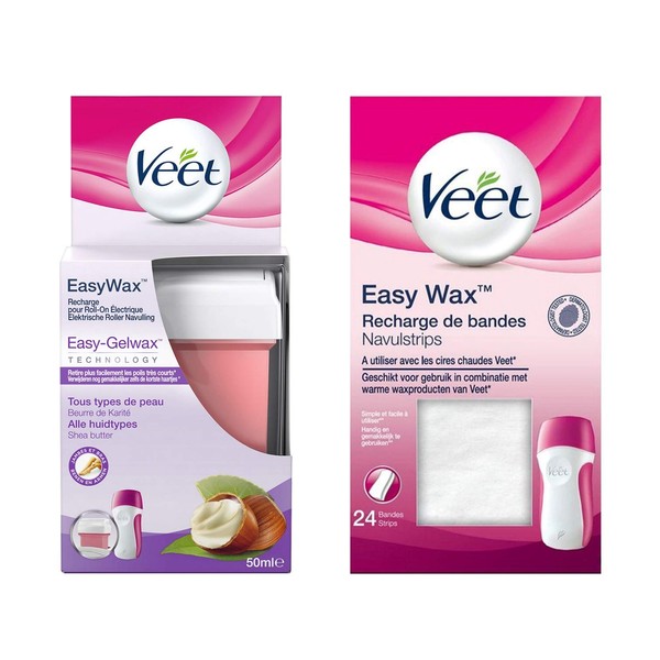 Veet - EasyWax – Set of 24 Waxing Fabric Strips and 1 Refills of Hot Wax Epilation 50 ml