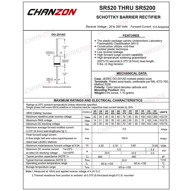 (Pack of 20) Chanzon SR540 (SB540) Schottky Barrier Rectifier Diodes