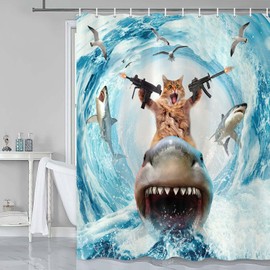 Grtuspr Funny Cat Shower Curtain Set, Cute Cat Riding Shark Theme Ocean Curtains for Bathroom Fun Nautical Kids Decor Polyester Fabric Restroom Curtains