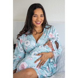 MOMMY O CLOCK Mommy Robe for Maternity and Baby Swaddle Blanket, Milk Silk Matching Delivery Robe and Swaddling Wrap for Mom and Baby (Pink Aqua Rose, L/XL (12-24))