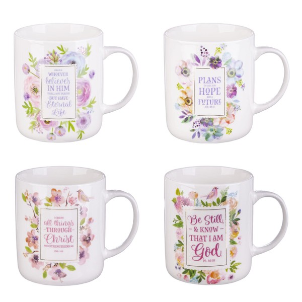 Christian Art Gifts Ceramic Coffee/Tea Mug Set for Women | Inspirational Watercolor Flowers Design Bible Verse Mug Set | Boxed Set/4 Coffee Cups