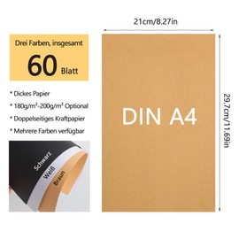 YSDMY 60 Sheets Kraft Paper Card A4 180-200gsm 21 x 29.7 cm Hard Paper A4 Business Card Paper（Black + White + Brown