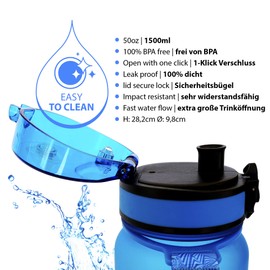 Coolrhino Water Bottle 350 Ml, 650 Ml, 1 L, 1.5 L for Sports, Outdoors, School, Fitness & Children - Leak-Proof and BPA Free Water Bottle for Bicycle, blue, 1500ml