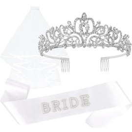 KICOSY Silver Wedding Crown Headband and White Veil, Pearl Bride Sash – Bride to Be Set for Bachelorette Party, Bridal Showers & Wedding