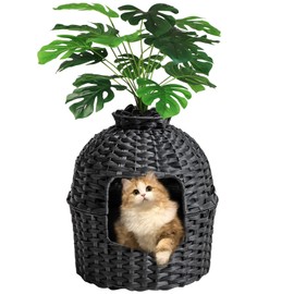 SETVSON Cat Litter Box Plant Furniture Enclosure, Hidden Handwoven Rattan with Cat Litter Box and Artificial Plants, Odor Control Filter, Real Stones in Living Room, Bedroom, Corner (Black)