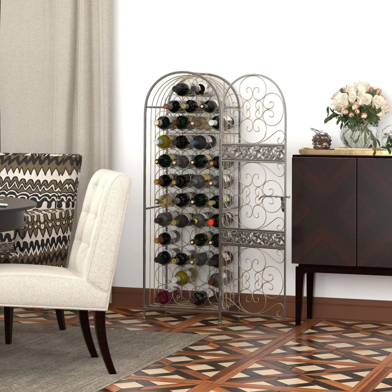 Antique Bronze 45-Bottle Wrought Iron Wine Rack with Lock Elegant