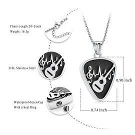 Oinsi Guitar Pick Urn Necklace for Ashes Cremation Jewelry Guitar Pendants Ashes Holder Memorial Necklace Cremation Jewelry for Human with Filling Kits(Silver-Black)