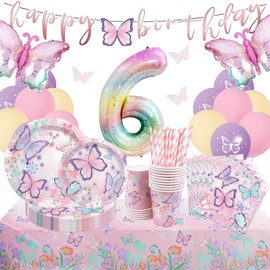 Komicea Butterfly Birthday Decoration, 111-Piece Butterfly Party Tableware Set, 6 Years Birthday Decoration Girls, 6 Years Birthday Party Tableware for Children's Birthday Decoration, Baby Shower for