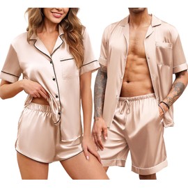 Ekouaer Silk Satin Matching Pajamas Sets Couple Button Down Nightwear Women & Men Short Sleeve Sleepwear 2 Pieces Loungewear Champagne Medium