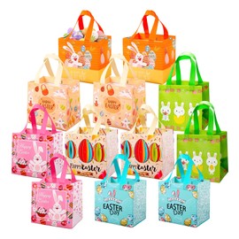 YeaHapiday 12PCS Easter Basket, Easter Tote Bags Non-Woven Reusable Gift Bag, Happy Easter Bags with Handles, Waterproof Goodie Bag for Gifts Wrapping, Egg Hunt, Easter Party Supplies 21×20×15cm