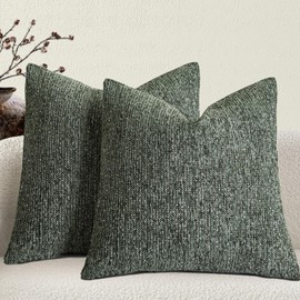 Chenille Couch Decorative Throw Pillow Covers 20 x 20 in Set of 2 - Fabric Textured Retro Farmhouse Neutral Style Soft Cushion Case Square Pillowcase for Sofa, Armchair, Living Room, Olive Green