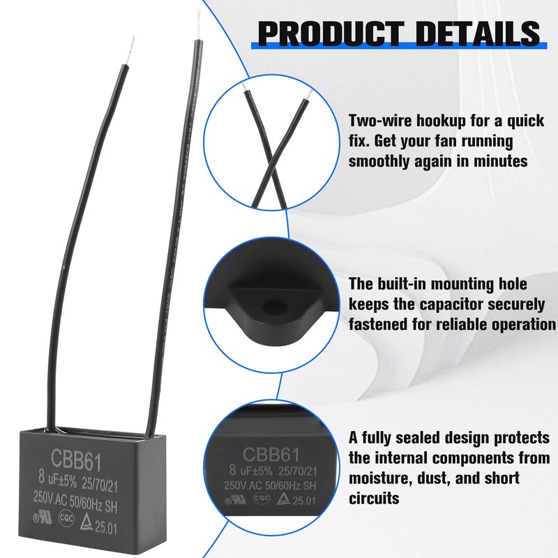 Podoy Ceiling Fan Capacitor CBB61 8uf 2 Wire for Compatible