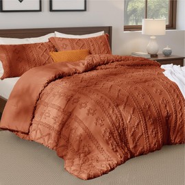 3-Piece Elegant Tufted Farmhouse Boho Comforter Set Queen Size Pretty Terracotta Orange Color | Eclectic Bohemian Plain Weave Geometric Patchwork Pattern | Textured Durable Soft Shabby Chic Bedding