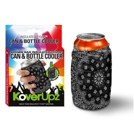 TYVEK BROWN BAG ARTWORK INSULATED CAN & BOTTLE COOLER SLEEVE SOFT REUSABLE COLLAPSIBLE COOLIE FOR PARTIES, EVENTS OR WEDDINGS BUM COLD DRINK THERMAL INSULATOR (Black Bandanna)