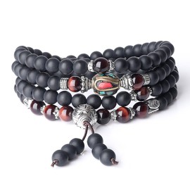 AmorWing Semi Precious Stones Matte Onyx Red Tiger Eye 108 Mala Beads Wrap Bracelet Necklace 6mm