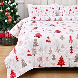 FRAMICS Christmas Quilt King Size 3 Pieces Christmas Tree Quilt Sets - Ultrasonic Quilting Technology White Bedspread with 2 Pillow Shams Holiday Christmas Bedding Set, 106" x 96"