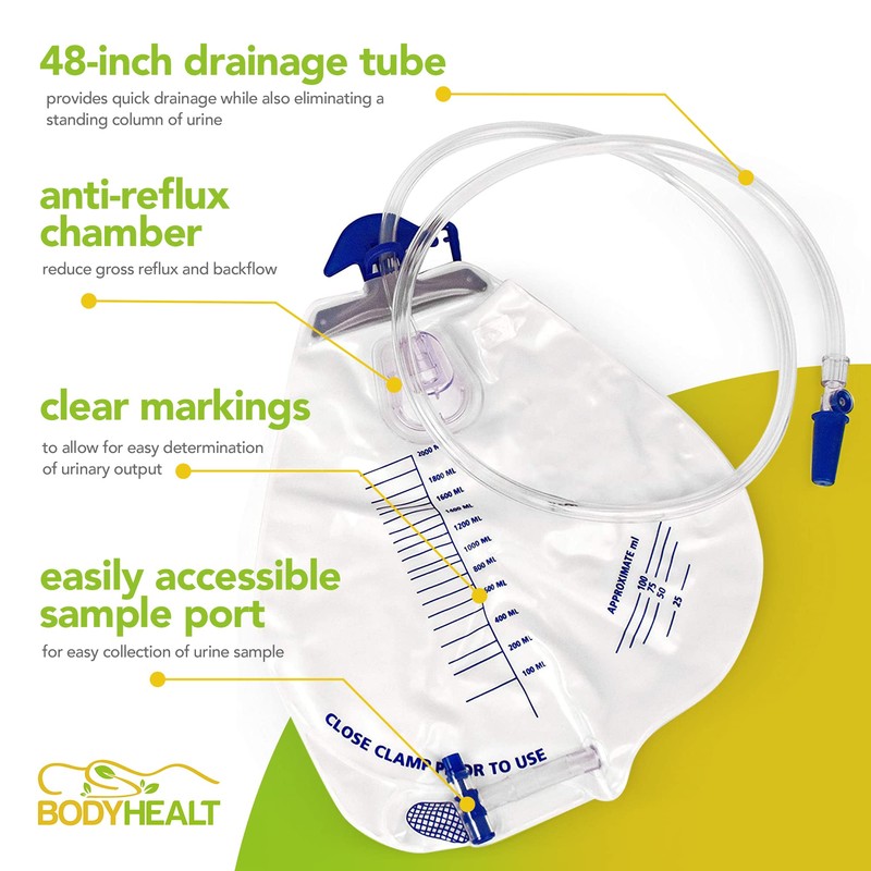 BodyHealt Foley Catheter Bag - Urinary Drainage Bag with Anti-Reflux