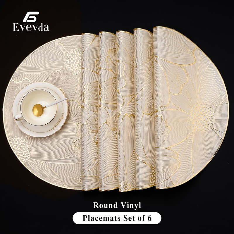 Evevda Gold Vinyl Placemats Set of 6 Flower Placemats Round