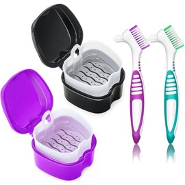 Estuche de baño para dentaduras postizas, taza de limpieza para dentaduras postizas con juego de cepillos, paquete de 2, contenedor para dentaduras postizas, caja de baño para almacenamiento