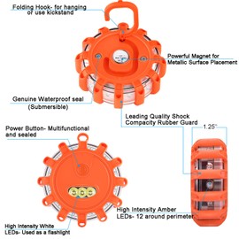 Tobfit 3 Pack LED Road Flares Emergency Lights Roadside Safety Beacon Disc Flashing Warning Flare Kit with Magnetic Base & Hook for Car Truck Boats | 9 Flash Modes (Batteries Not Included) (3)