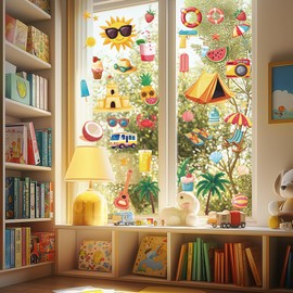 ANATTASOUL Summer Static Window Clings Beach Elements 1 Sheet Reusable Window Decals for Glass, 47.24" x 11.8" Removable Double Sided Window Sticker for Room Office Home Decoration