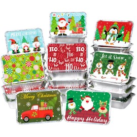 50 Pcs Christmas Cookie Tins with Lids, Disposable Foil Pans Containers with 10 Holiday Designs, Xmas Holiday Cookie Tins Leftover Food Storage Pans for Winter Christmas Gift Giving Party Supplies