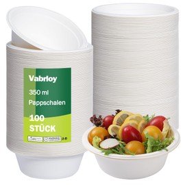 Vabrloy Pack of 100 Disposable Soup Bowls, Soup Bowls, Disposable Sugar Cane, Cardboard Bowls, 350 ml, Disposable Tableware, Soup Bowls, Paper Bowls for Party, Wedding, Round White