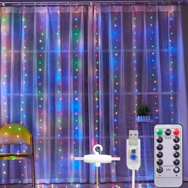Cortina de Luz 3M*3M con 300Leds, 8 Modos de Luces con Control Remoto, Cadena de Luces Decorativa Impermeable, Luces Navideña, Decoración de Iluminación para Dormitorio, Patio, Fiestas. (Colorida)
