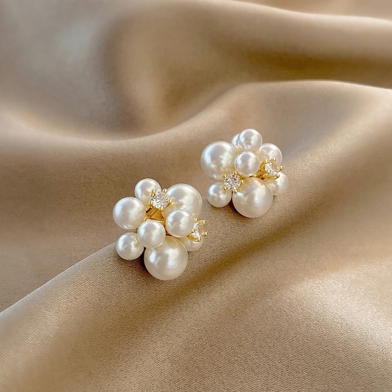Pearl Stud Earrings for Women,Large Pearl Cluster Earrings,Cute Big Beaded