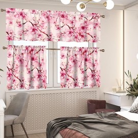 CREAMIC Cherry Blossom Kitchen Curtains and Valances Set for Daily Rod Pocket Tier Curtains Floral 3-Piece House Decor for Living Room Bedroom Bathroom 3 Piece Kitchen Valances Size M