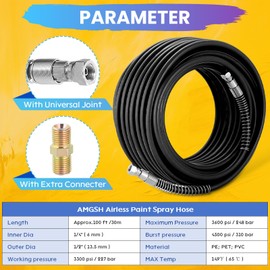 100Ft Airless Paint Spray Hose, 1/4 in High Pressure Universal Airless Paint Sprayer Hose Flexible Fiber Tube 3300 PSI Flexible Fiber Tube (Black, 100Ft / 30 m)