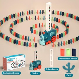 KBIBCK Domino Train Toy Set, Domino Train Set with 200 Pieces Domino Building Blocks, Automatic Domino Train with Light and Sound, Dominoes Automatic Educational Toy for Girls Boys from 3 Years (B)