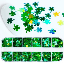 Mygitter Nail Art Green Glitter Sequin 3D St. Patrick's Nail Holographic Clover Flake Sparky Love Shaped Design Leaf Decoration DIY Accessories for Women