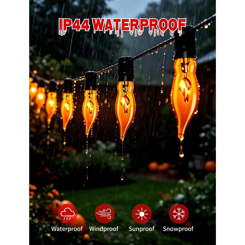 11.5Ft Halloween Flickering Flame Outdoor String Lights,10 Orange C18 Bulbs
