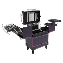 Rolling Makeup Train Case 7 Compartments+1*Mirror, 2* Keys, 4 *Universal Wheels, Cosmetology Case On Wheels Large Makeup Trolley Case Suitable for Anyone Who Loves Beauty or Nail Art/Ships (purple)